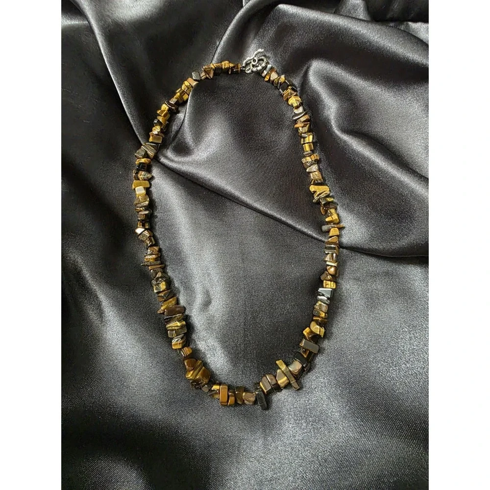 Tiger's Eye Chips Beaded Necklace W/ Silver Toned Clasp 20in